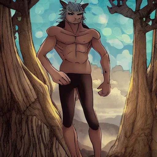 Prompt: scenic pictures with bara human wolf, fursona, anime