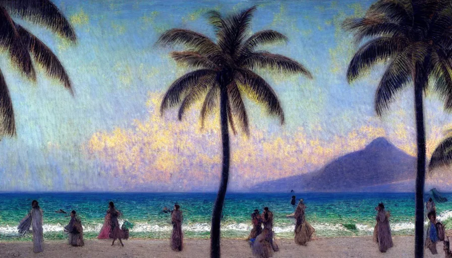 Image similar to a ultradetailed beautiful painting of the thunderstorm sky of the rio de janeiro palace balustrade designed by jules bastien - lepage, tarsila do amaral, frank weston and gustave baumann, beach, trending on artstation, mediterranean, palm trees, sharp focus, colorful refracted sparkles and lines, soft light, 8 k 4 k