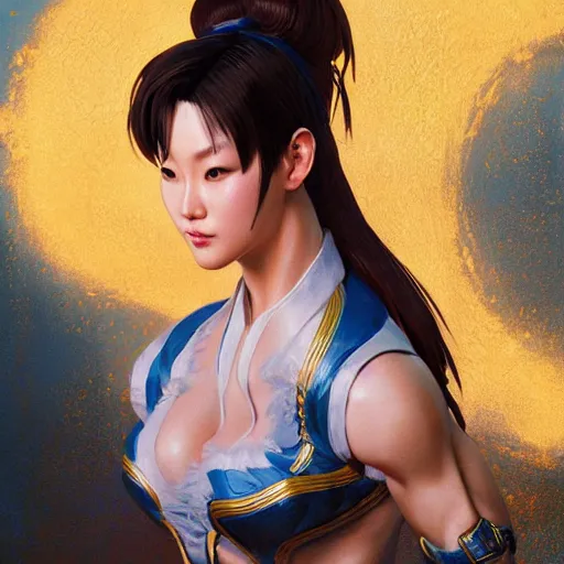 Image similar to portrait of chun li, au naturel, hyper detailed, digital art, trending in artstation, cinematic lighting, studio quality, smooth render, unreal engine 5 rendered, octane rendered, art style by klimt and nixeu and ian sprigger and wlop and krenz cushart.