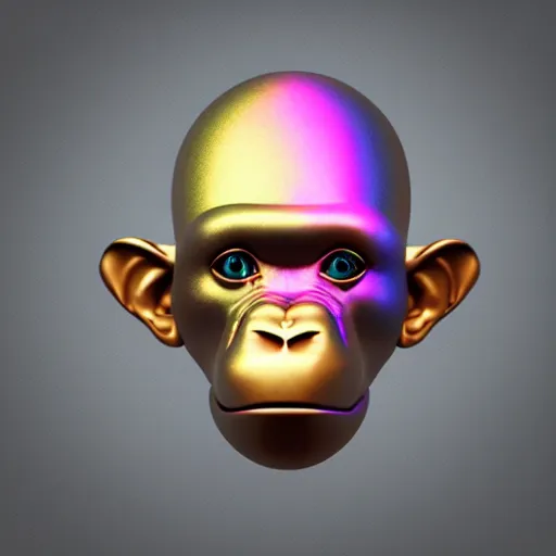 Image similar to 3d render of holographic chimpanzee robotic head made of glossy iridescent, surrealistic 3d illustration of a chimpanzee face non-binary, non binary model, 3d model ape, cryengine, made of holographic texture, holographic material, holographic rainbow, concept of cyborg and artificial intelligence