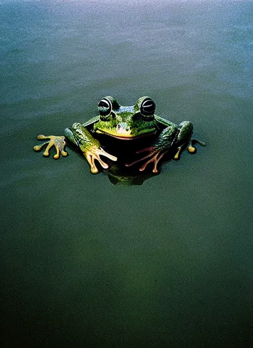 Image similar to “semitranslucent smiling frog amphibian vertically hovering over misty lake waters in Jesus Christ pose, low angle, long cinematic shot by Andrei Tarkovsky, paranormal, eerie, mystical”