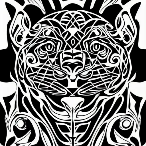 Prompt: jaguar head tattoodesign, geometrical, symmetrical, frontview, black and white, white background. very detailed ink drawing, fine lineart, extremely detailed