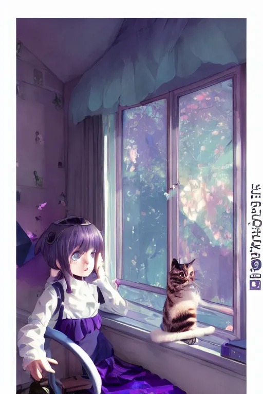 Prompt: a girl playing with a cat A comfortable study room at night,purple and blue theme,geometric shapes,S line,hard edges,jk uniform ,Hairdryer by mucha and krenz cushart and range murata