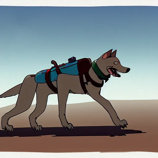 Image similar to a study of cell shaded cartoon of a grey robot sled dog from howl's moving castle ( 2 0 0 4 ) on a desert road, full body, wide shot, very muted colors, post grunge, studio ghibli, laurie greasley, highly detailed, deviantart, art by artgem