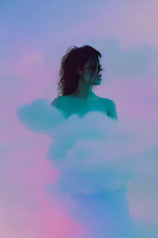 Image similar to high quality pastel coloured film close up wide angle photograph of a model wearing clothing swimming on cloud furniture in a icelandic black rock!! environment in a partially haze filled dreamstate world. three point light, rainbow. photographic production. art directed. pastel colours. volumetric clouds. pastel gradient overlay. waves glitch artefacts. extreme facial clarity. 8 k. filmic.