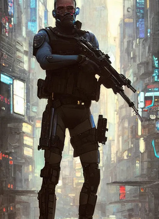 Image similar to 🤼♂. cyberpunk police trooper in a military vest ( blade runner 2 0 4 9, cyberpunk 2 0 7 7 ). orientalist portrait by john william waterhouse and james gurney and theodore ralli and nasreddine dinet, oil on canvas. cinematic, hyper realism, realistic proportions, dramatic lighting, high detail 4 k