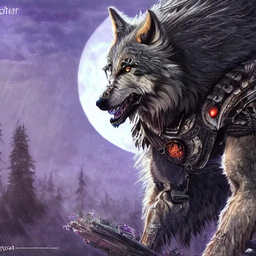 Prompt: a druid turning into a machine wolf, full moon, dnd 5 e, night, epic art, horizon zero dawn, highly detailed and intricate, trending on artstation