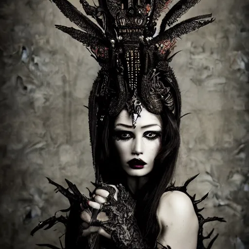 Image similar to a portrait of female model by stefan geselle, nekro borja and peter kemp, dark fantasy, ornate headpiece, dark beauty, photorealistic, canon r 3, photography