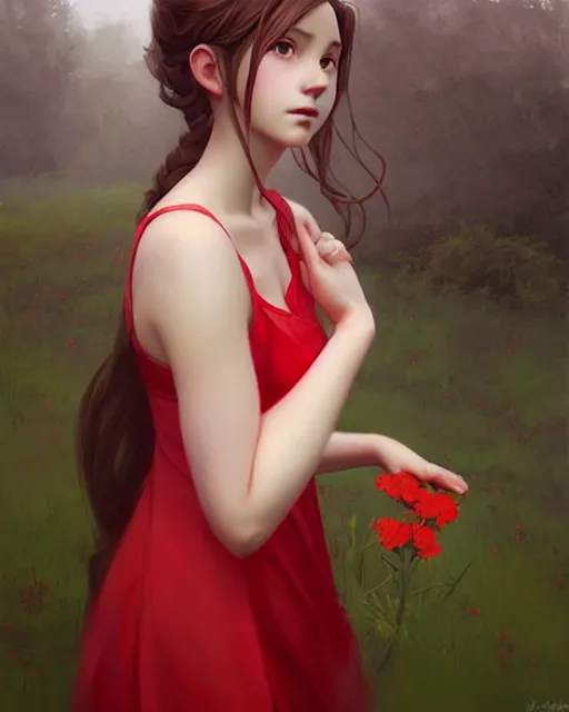 Image similar to aerith gainsborough in red cottagecore dress, portrait, illustration, rim light, top light, overcast cloudy weather, perfectly shaded, soft painting, art by krenz cushart and wenjun lin