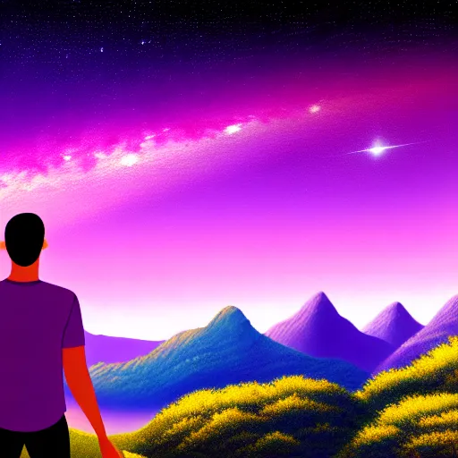 Prompt: idealized detailed image of a happy man thinking while in a dream-like environment, looking over a landscape of bright, vibrant mountains and starlit skies, the sky has purple/pink undertones and
