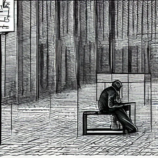 Image similar to lonely man sitting in a cubical in the middle of an empty city square in a dystopian future, depair, dystopian, by rutkowsky and tadao and zhang