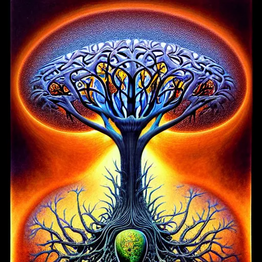 Image similar to tree of life by roger dean and andrew ferez, art forms of nature by ernst haeckel, divine chaos engine, symbolist, visionary, art nouveau, botanical fractal structures, lightning, surreality, lichtenberg figure