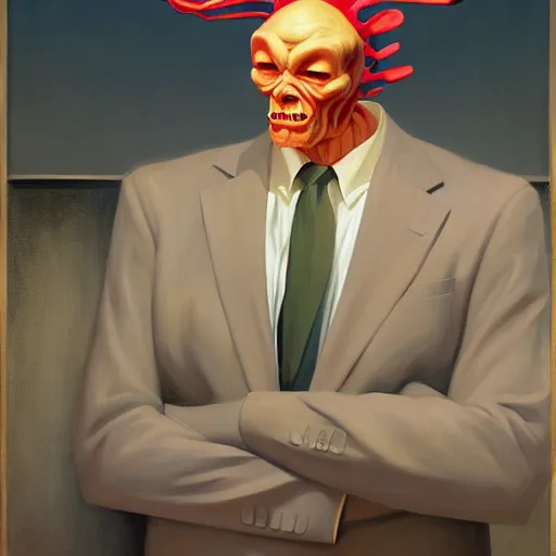 Prompt: Portrait of a man wearing a business suit with Metamorphosis head, very coherent, painted by Edward Hopper, Wayne Barlowe, painted by James Gilleard, airbrush, art by JamesJean