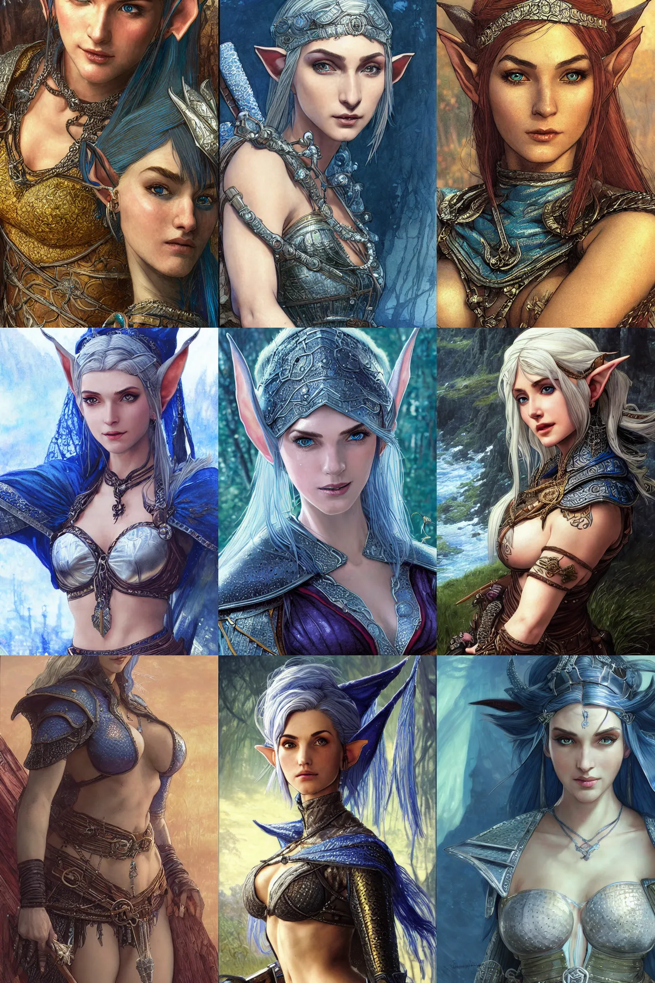 Image similar to alluring highly detailed matte close-up portrait of beautiful elf Shani (from Witcher 3) wearing chesty chainmail bikini and a blue cloak, very detailed, realistic, manga, pen and ink, by Stanley Artgerm Lau, greg rutkowski, thomas kindkade, alphonse mucha, loish, norman rockwell J.