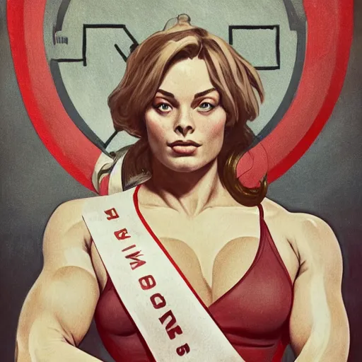 Image similar to socialist realism propaganda poster of margot robbie as beautiful female weightlifter from overwatch, portrait, profile picture, socialist realism, highly detailed, intricate, digital painting, artstation, sharp focus, illustration, art by jakub rozalski, greg rutkowski, artgerm, tan zi and ayanamikodon and alphonse mucha and wlop