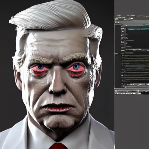 Prompt: donald trump full body detailed, ethereal, cyborg biomechanics, covered in blood diamonds and other gems glowing, highly detailed face, evil posed, evil expression, intricate, extremy detailed, beeple, cgsociety, 3 d unreal engine octane render. cinematic lighting, highly detailed 4 k art