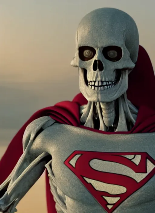 Image similar to film still of a human skeleton as Superman in Superman, 4k