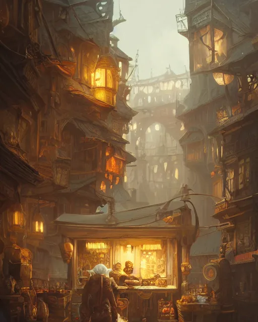 Image similar to A merchant selling treasuries, highly detailed store, fantasy art, goblin art, in the style of greg rutkowski, illustration, epic, fantasy, intricate, hyper detailed, artstation, concept art, smooth, sharp focus, ray tracing