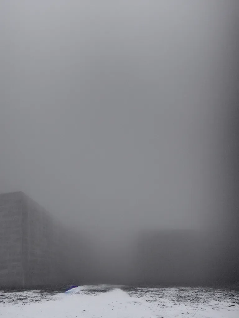 Image similar to High resolution black and white photograph with a 35mm F/22.0 lens of a 1980s Russian Brutalist architecture building in the middle of nowhere while it is foggy and snowing.