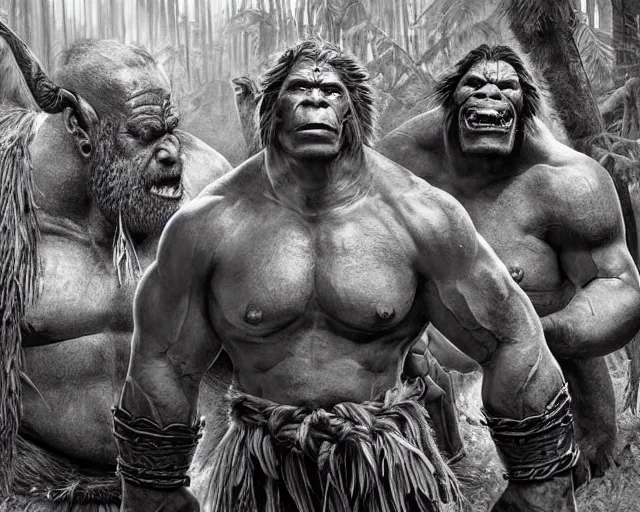 Prompt: hyper realistic group vintage photograph of a live action warcraft orc warrior tribe in the jungle, tall, hulk like physique, detailed faces, tribal paint, tribal armor, grain, old, monochrome, wide angle