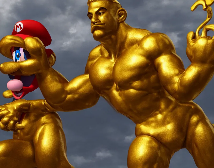 Image similar to golden statue of mario with muscle body like a giga chad, beautiful texture, beautiful graphics, fantasy artwork, very beautiful scenery, hd, hdr, ue 5, ue 6, unreal engine 5, cinematic 4 k wallpaper, 8 k, ultra detailed