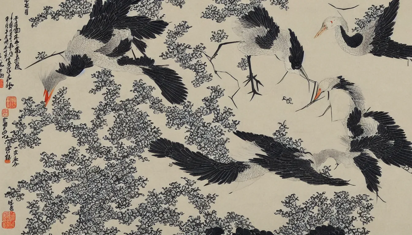 Prompt: traditional chinese ink of japanese crane by hokusai, ultra detailed