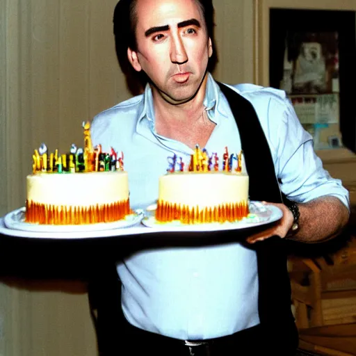 Prompt: nicholas cage holding a birthday cake