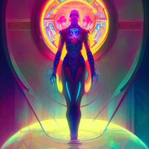 Image similar to a cybernetic temple, vaporwave aesthetic, colorful, psychedelic, digital painting, artstation, concept art, smooth, sharp focus, illustration, art by artgerm and greg rutkowski and alphonse mucha