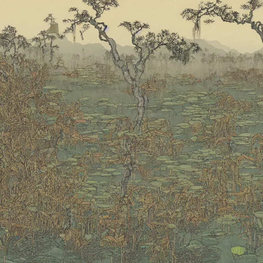 Prompt: Artwork illustrating a swamp with many withered lotus plants on the West Lake with pagodas in the background during the Tang Dynasty.
