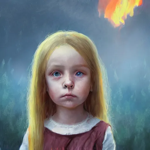 Image similar to detailed portrait of big - eyed nordic sweet little girl looking sad in front of burning house, artistic 4 k, trending on artstation, masterpiece