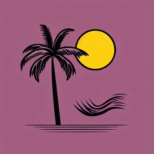 Prompt: waves in bottom front of a palm tree in front of a giant stylized volleyball vector logo, professional sports style, flat colour, svg, professional, sharp edges