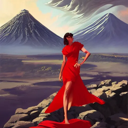 Image similar to luxury advertisement, a highly detailed epic cinematic concept art CG render digital painting artwork of a woman in a red dress posing in front of an erupting volcano. By Greg Rutkowski, Ilya Kuvshinov, WLOP, Stanley Artgerm Lau, Ruan Jia and Fenghua Zhong, trending on ArtStation, made in Maya, Blender and Photoshop, octane render, excellent composition, cinematic atmosphere, dynamic dramatic cinematic lighting, aesthetic, very inspirational, arthouse