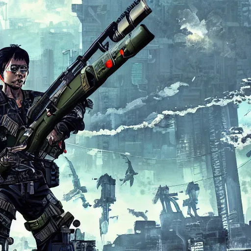 Image similar to 8K detailed realistic illustration of a post-apocalyptic cyberpunk Indonesia war general in the style of Yoji Shinkawa, high resolution