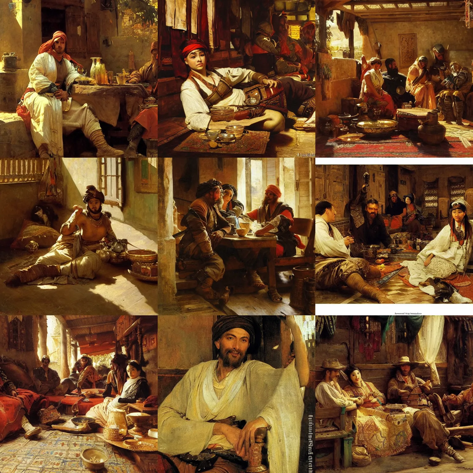Prompt: orientalism painting of an armored hero resting in a cozy tavern by theodore ralli and nasreddine dinet and anders zorn and nikolay makovsky and edwin longsden long, oil on canvas, masterful intricate artwork, excellent lighting, high detail 8 k