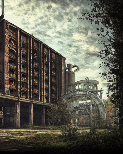 Image similar to a beautiful detailed render of industrial architecture building parking garage urbex abandoned city nature architecture unfinished building by camille pissarro, bioshock otherworldly, archdaily, wallpaper, highly detailed, trending on artstation.