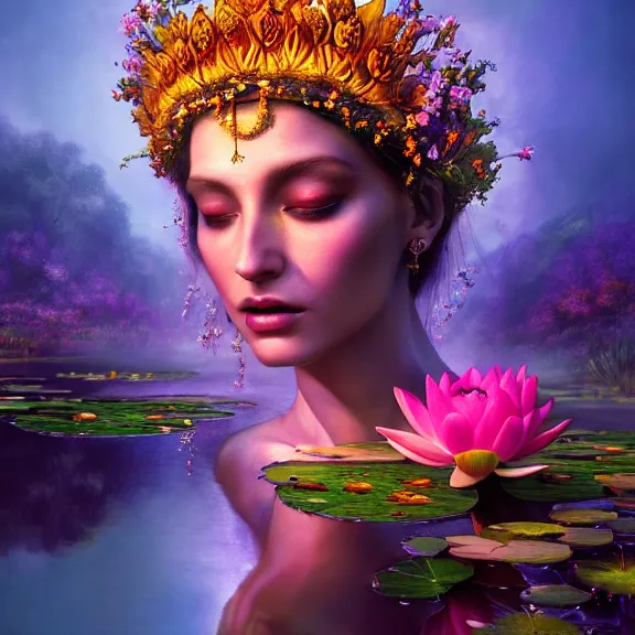 Image similar to Beautiful 3d render of the flower queen goddess in a sensual pose near a pond full of lotus, atmospheric lighting, painted, intricate, volumetric lighting, beautiful, rich deep colours masterpiece, sharp focus, ultra detailed, in the style of Dan Mumford and marc simonetti, with a crowded futuristic cyberpunk city in the background, astrophotography