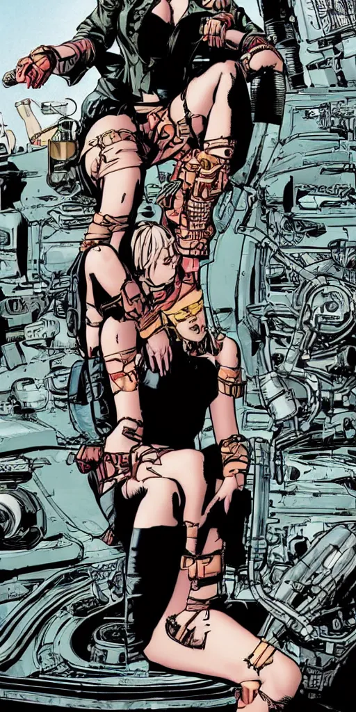 Image similar to single tank girl sitting on top of the tank. comic book style. illustration. marvel. print. high details.