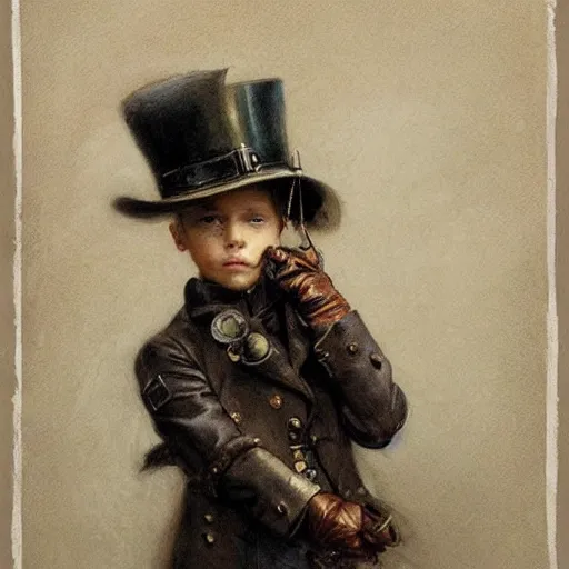 Prompt: by Jean-Baptiste Monge !!!!!!!!!!!!!!!!!!!!!!!!!!! (((((((((portrait of boy dressed as steampunk detective wearing leather gloves . muted colors.)))))))))