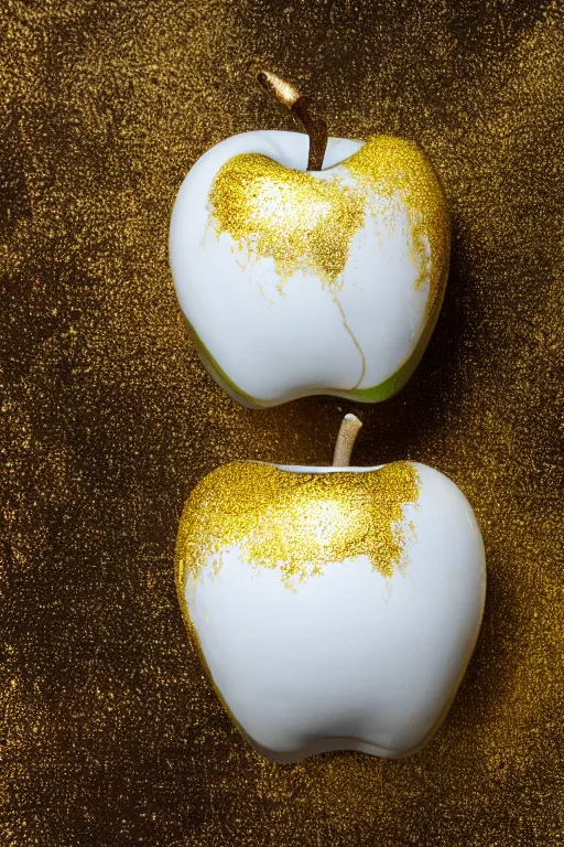 Image similar to Photo of a white marble apple partially covered in dripping gold paint, studio lighting, high resolution, award winning.