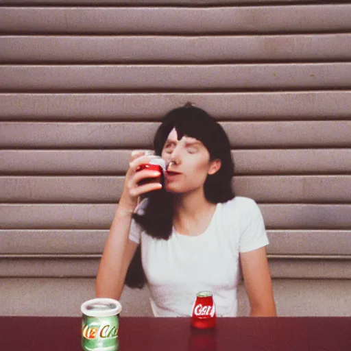 Prompt: an analog photo a 23 year old woman drinking a coca-cola, kodak portra 400