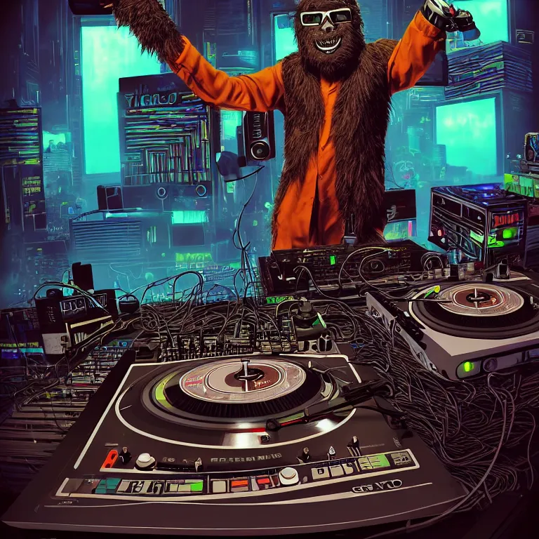 Image similar to a photograph portrait of an anthropomorphic cyberpunk bigfoot dj at the turntables spinning records, detailed render, tape deck, boombox, headphones, epic composition, cybernetics, 4 k realistic, cryengine, realistic shaded lighting, sharp focus, masterpiece, by matteo scalera, gary montalbano, peter elson in the style of the tokyo ghost comic