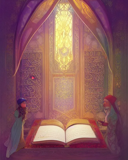 Image similar to an open quran highly detailed, gold filigree, romantic storybook fantasy, soft cinematic lighting, award, watercolor illustration by mandy jurgens and alphonse mucha and alena aenami, pastel color palette, featured on artstation