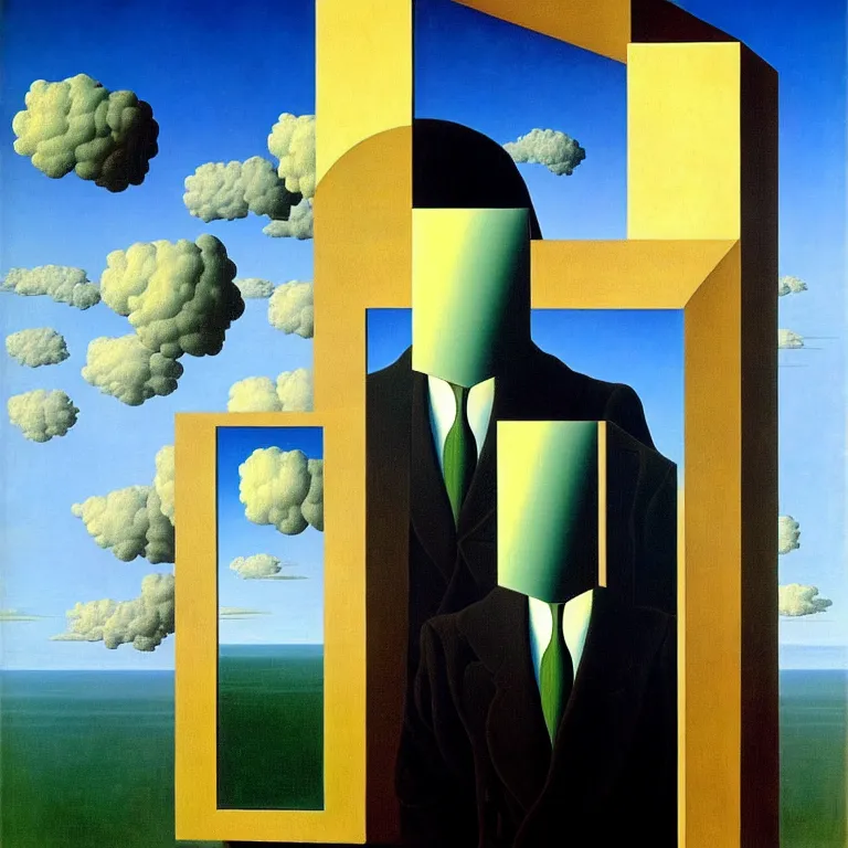 Image similar to a man looks into his own reflection and sees nothing, by rene magritte and salvador dali, surreal, oil on canvas, hyper detailed, vivid