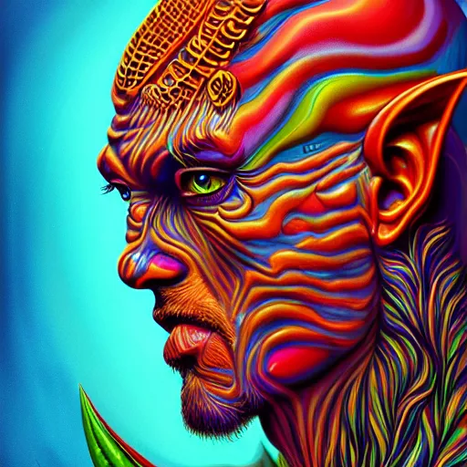 Image similar to An extremely psychedelic portrait of Satan, surreal, LSD, face, detailed, intricate, elegant, lithe, highly detailed, digital painting, artstation, concept art, smooth, sharp focus, illustration
