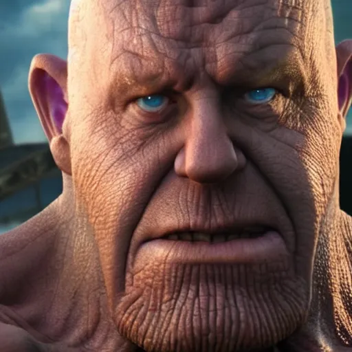 Image similar to Jonathan Banks as Thanos, HD promotional screenshot from new Avengers film, 8k ultra realistic, Marvel animation