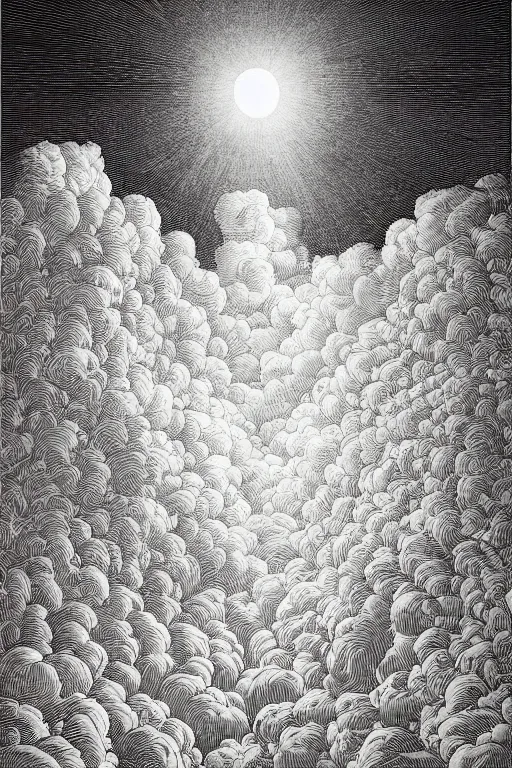 Image similar to colorful!!! heaven paradise by rene magritte, by laurie greasley and bouguereau, ( ( etching by gustave dore ) ), cloudscape, ultraclear intricate, sharp focus, highly detailed digital painting illustration, concept art, masterpiece
