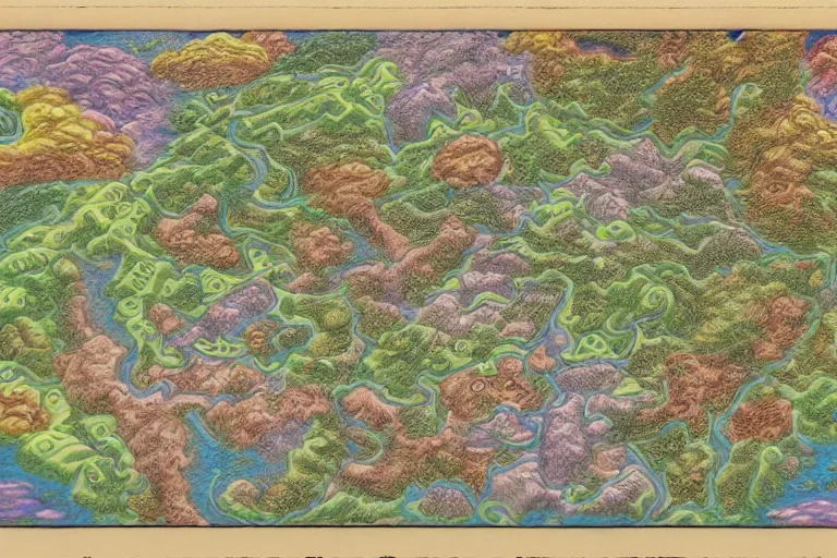 Image similar to A labeled,3d rendered map of a heavenly realm including regional borders, intricately detailed, full color, drawn by junji ito