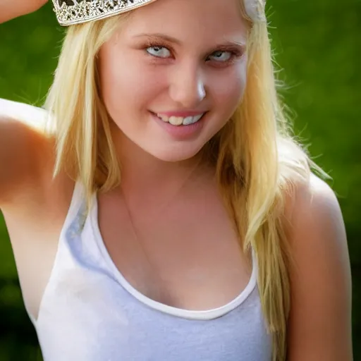 Image similar to photograph of teenage blonde girl with big chest wearing a princess crown and tank top