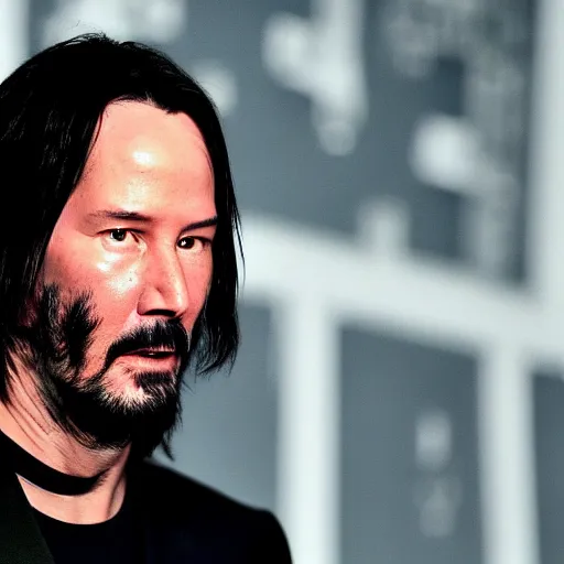 Prompt: Keanu Reeves gives commandments to the people