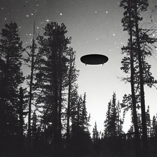 Image similar to grainy photograph of a hamburger-shaped UFO flying above a boreal forest